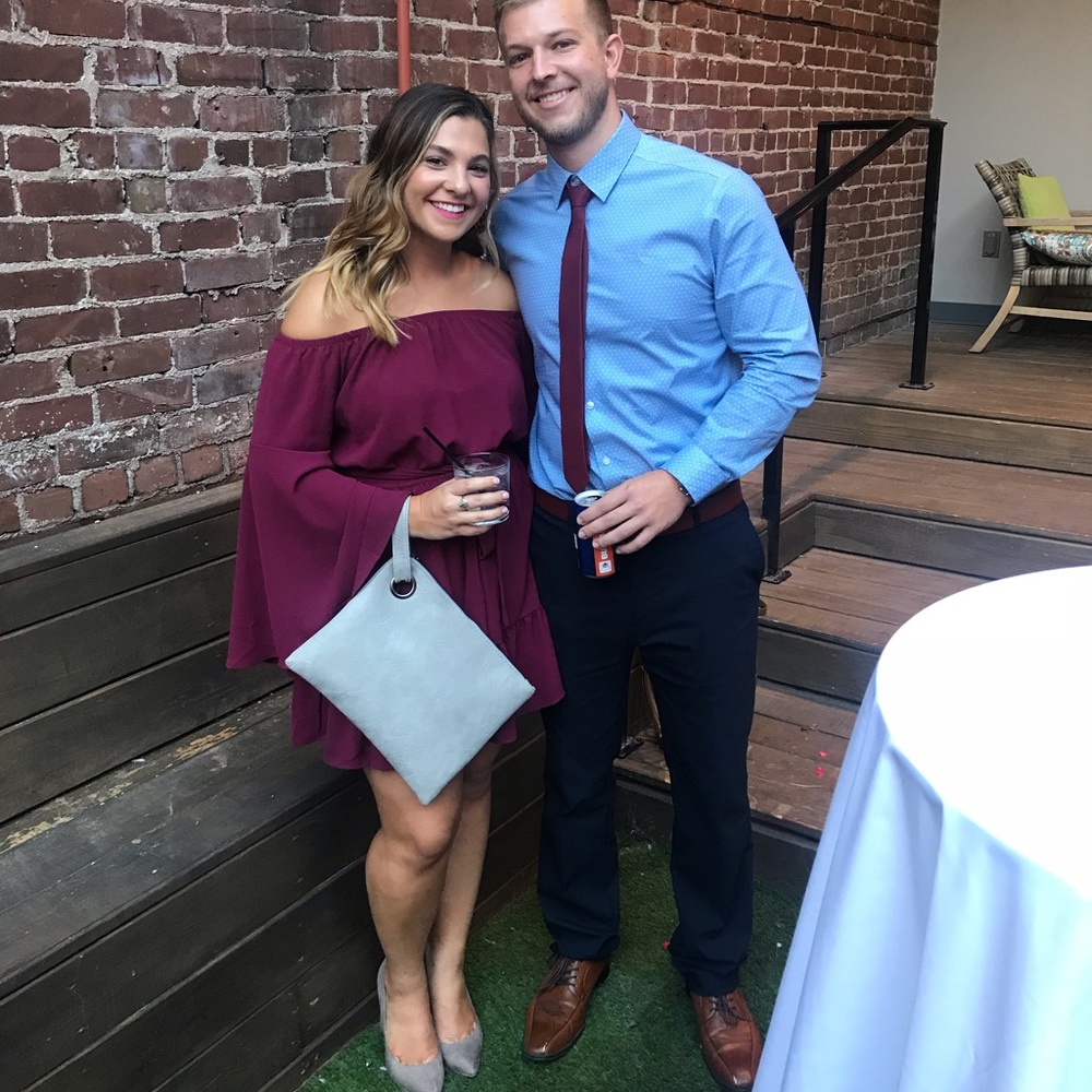 Off the shoulder mini wine colored dress
